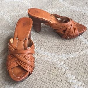Frye Camel Color Platform Heel Slip On Sandals